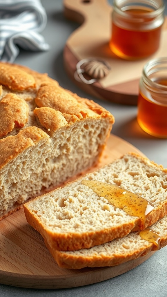 A loaf of honey wheat bread sliced on a wooden board with honey jar.
